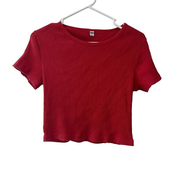 Uniqlo Tops - Uniqlo Women’s Ribbed Crew Neck Short-Sleeve Cropped T-Shirt Red Size M